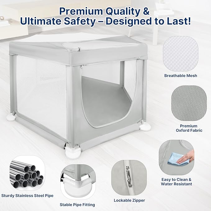 58.3"x58.3"x29.9" Large Dog Playpen Indoor, Extra Tall Puppy Playpen with Removable Roof, Sturdy Fabric Dog Pen for Medium to Large Pets, Spacious Hexagonal Pet Playpen Indoor for Comfort & Security
