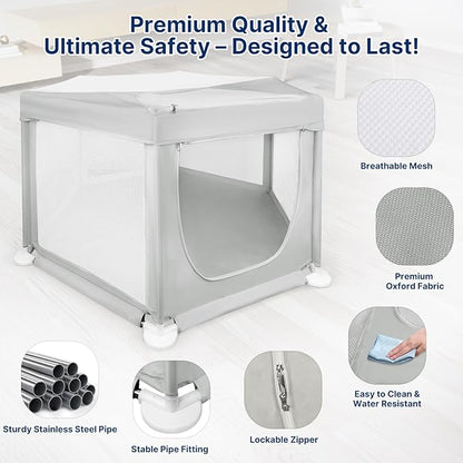 58.3"x58.3"x29.9" Large Dog Playpen Indoor, Extra Tall Puppy Playpen with Removable Roof, Sturdy Fabric Dog Pen for Medium to Large Pets, Spacious Hexagonal Pet Playpen Indoor for Comfort & Security