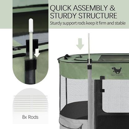 Rest-Eazzzy Dog Playpen, Foldable Kitten Playpen for Medium Dogs, Portable Pet Puppy Playpen with Removable Shade Cover, Indoor Outdoor Travel Camping Use for Small Pets with Carrying Case (M, Green)