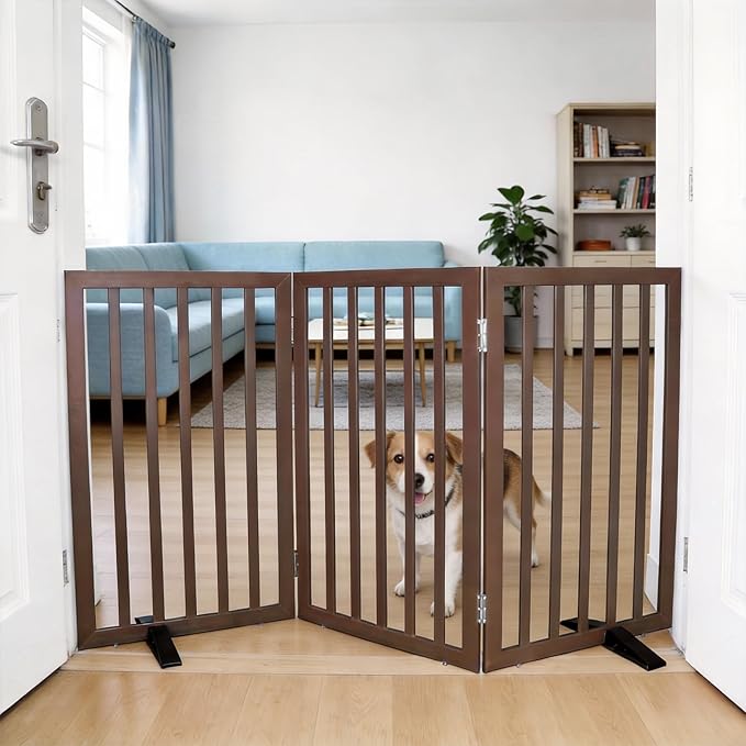 Dog Gate Indoor, Freestanding Dog Fence for The House, Doorways, Hallways,or Stairs,Pet Gate Foldable Wooden,Expandable 32" Height 3 Panels,Brown