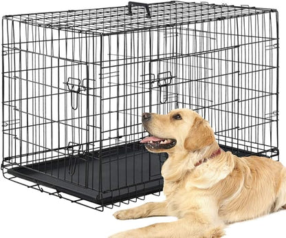 Dog Crate Dog Kennel Cage 42” Portable Foldable Indoor Outdoor Large Double Door Wire Metal Puppy Cat Pet Dog Cage with ABS Tray LC & Divider, Black