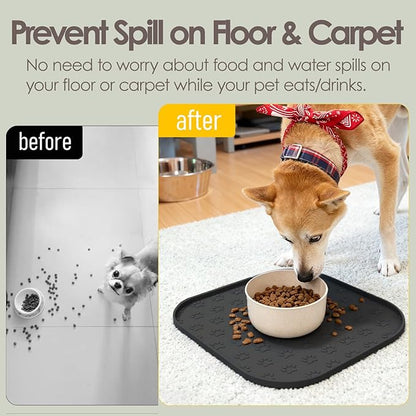 Pet Feeding Mat, Waterproof Anti-Slip Placemats for Dog Cat Bowl Silicone Pet Food Mat, Raised Edge Prevent Spills on Floor & Carpet, Dishwasher Safe (Black, 11" x 11")