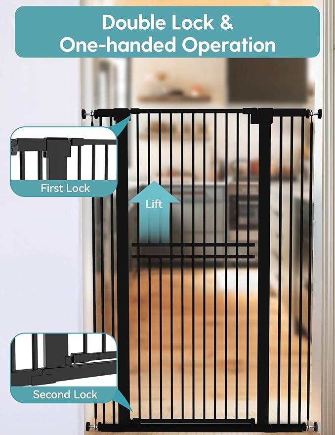 No Pawblems 55" Extra Tall Pet Gate for Cat/Dog, 29-40" Wide Auto Close Tall Dog Gate for Doorways/Hallways, 1.37" Ultra Narrow Spacing, NO Drilling Pressure Mounted, Black