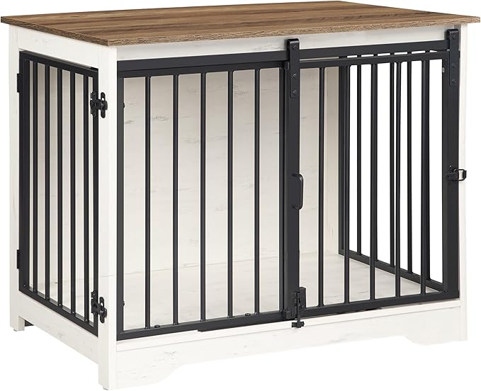 Hzuaneri 31.9" Dog Crate Furniture with Barn Door, Heavy Duty Dog Kennel Indoor with 2 Doors, Wooden Pet Cage End Table for Small Medium Dogs up to 44 lb, Anti-Chew Anti-Escape, White Brown DFC83614B