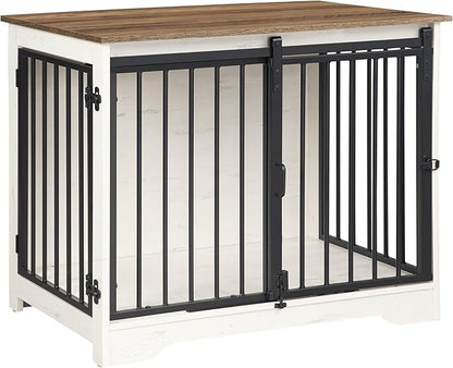Hzuaneri 31.9" Dog Crate Furniture with Barn Door, Heavy Duty Dog Kennel Indoor with 2 Doors, Wooden Pet Cage End Table for Small Medium Dogs up to 44 lb, Anti-Chew Anti-Escape, White Brown DFC83614B