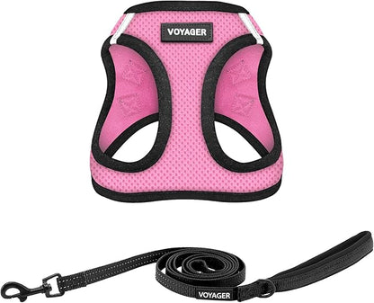 Best Pet Supplies Voyager Step-in Air All Weather Mesh Harness and Reflective Dog 5 ft Leash Combo with Neoprene Handle, for Small, Medium and Large Breed Puppies - Pink/Black Trim, XXX-Small
