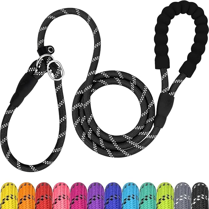 TagME 6ft Slip Dog Lead, No Pull Reflective Training Leash with Padded Handle, Professional Rope P-Leash for Small Medium Large Dogs, Heavy Duty Correction Lead for Walking & Training (Black)
