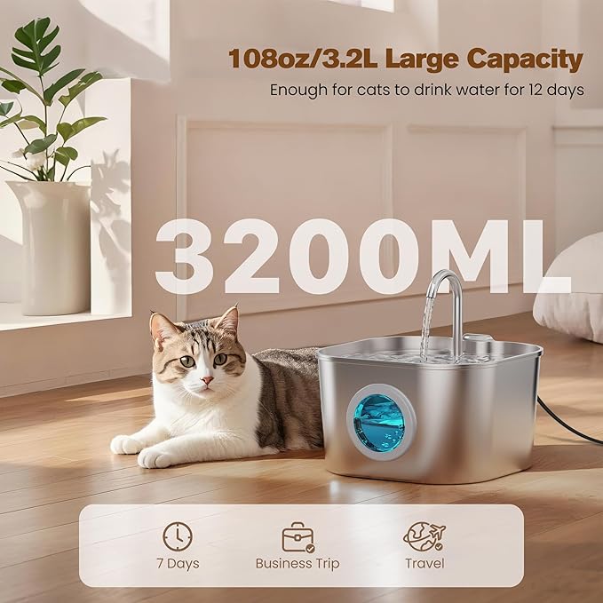 Stainless Steel Cat Water Fountain: 108oz/3.2L Pet Water Fountains Cat Watering Fountain Indoor Automatic Waterer Dispenser for Drinking Small Dogs Water Bowl Metal Kitty Faucet Watering Supplies