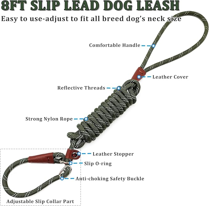 WYUZE 8 ft Slip Lead Dog Leash, Reflective No Pull Dog Training Lead, 1/3" Nylon Rope Slip Control Leash for Small Medium Dogs, Olive