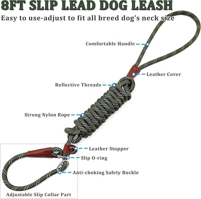 WYUZE 8 ft Slip Lead Dog Leash, Reflective No Pull Dog Training Lead, 1/3" Nylon Rope Slip Control Leash for Small Medium Dogs, Olive