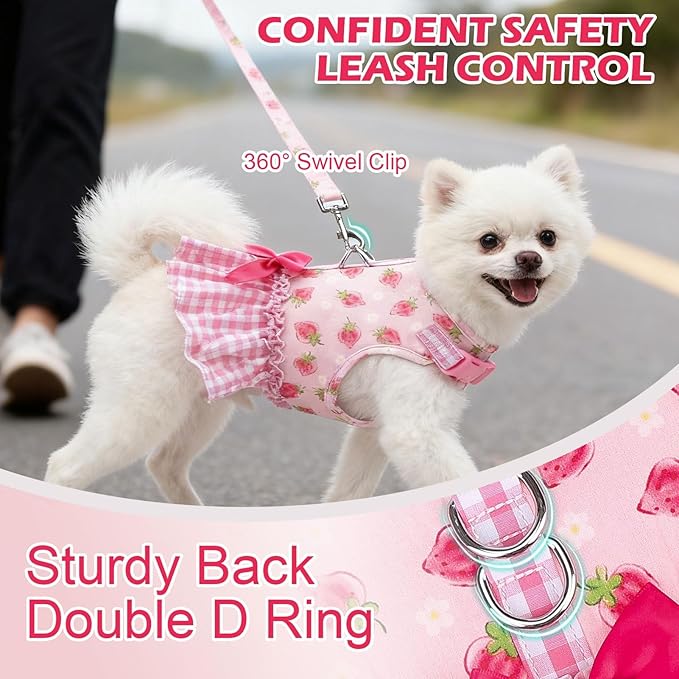 EXPAWLORER Dog Harness Small Medium Sized Dogs, Plaid Dog Dress Bowknot Harness and Leash Set, No Choke No Pull Soft Mesh Vest Cute Princess Puppy Outfits Clothes Costume for Girls Party Cats Pink S