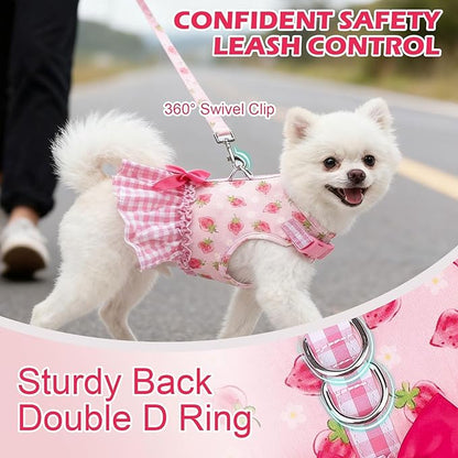 EXPAWLORER Dog Harness Small Medium Sized Dogs, Plaid Dog Dress Bowknot Harness and Leash Set, No Choke No Pull Soft Mesh Vest Cute Princess Puppy Outfits Clothes Costume for Girls Party Cats Pink S