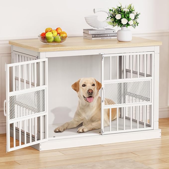 VOPEAK 40" Dog Crate Furniture, Chew Resistant Large Dog Crate for Medium Large Dogs, Heavy Duty Dog Crates Dog Kennel Cage Indoor with Double Doors, Wooden End Table for Bedroom Living Room