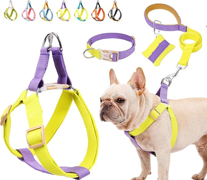 No Pull Dog Harness and Leash Set, Dog Collar, Step in Dog Halter Harness with Poop Bag Holder, Adjustable Lightweight Cotton Straps Suitable for Small Medium Large Dogs Outdoor Walking Running Hiking