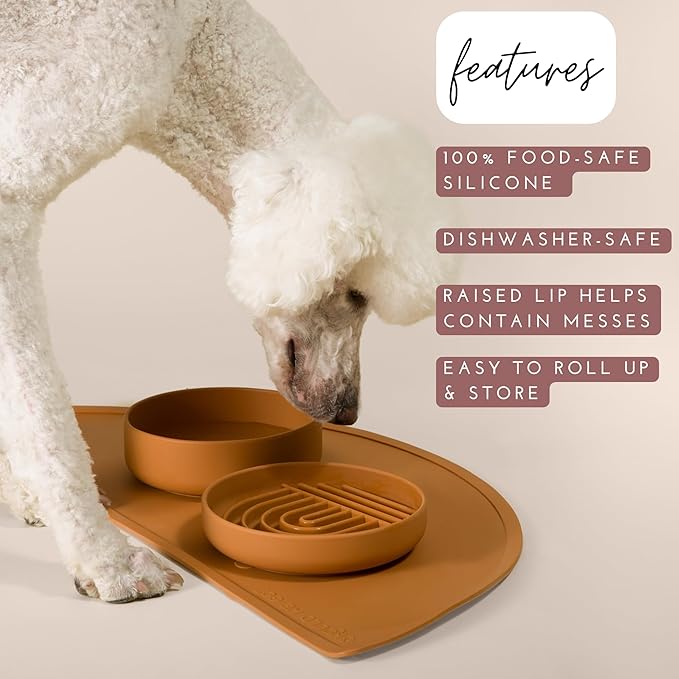 Should We Go - Waterproof Silicone Pet Food Mat - Non-Slip Spill-Proof Feeding Mat for Floors, Raised Edge Design, Easy-to-Clean Rubber Pad for Dog & Cat Bowls, 28" Across x 14" Deep, Large-Charcoal