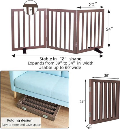 Dog Gate Indoor, Freestanding Dog Fence for The House, Doorways, Hallways,or Stairs,Pet Gate Foldable Wooden,Expandable 24" Height 3 Panels,Brown