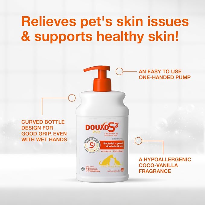 Douxo S3 Pyo Shampoo, Contains 3% Chlorhexidine & 0.5% Ophytrium, Antiseptic & Hydrating, For Bacterial or Yeast Skin Infections, For Dogs and Cats, 16.9 fl. oz. (500mL)