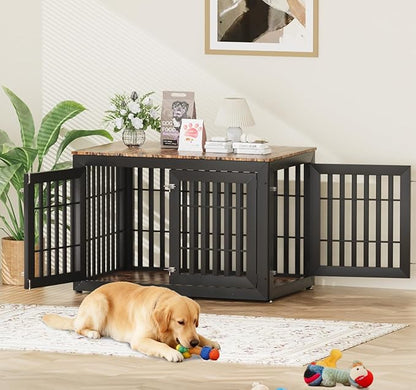 Snuowu 48" Heavy Duty Dog Crate Furniture for Small,Medium and Large Dogs,Rustic Wooden Dog Cage Kennel Indoor Furniture with Waterproof Top,Decorative Pet House Side End Table (Black & Wood)