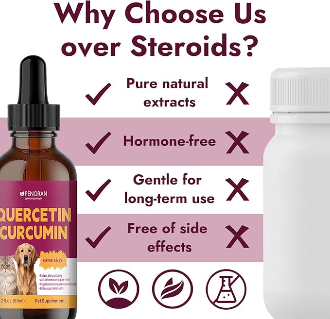Pet Quercetin Curcumin Allergy Relief Drops, for Dogs & Cats Seasonal/Environmental Allergies & Pollen/Grass Allergies: Itchy Skin, Red Ears, Swollen Eyes, Cough & Sneezing, Scratching & Licking Paws