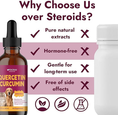 Pet Quercetin Curcumin Allergy Relief Drops, for Dogs & Cats Seasonal/Environmental Allergies & Pollen/Grass Allergies: Itchy Skin, Red Ears, Swollen Eyes, Cough & Sneezing, Scratching & Licking Paws