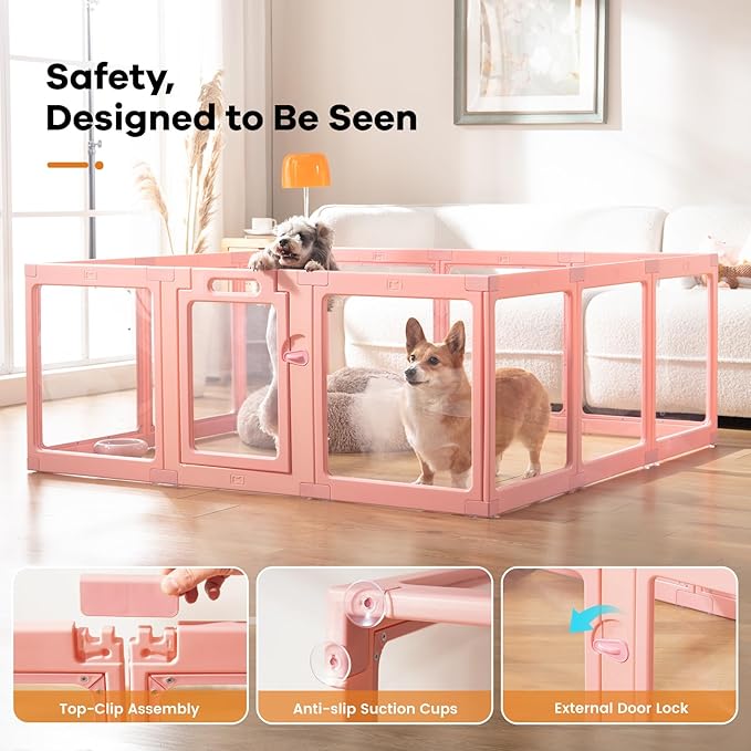 Clear Acrylic Dog Playpen Indoor, Puppy Cat Small Pet Play Pen, Pet Cat Playpen for Rabbits, Dog Fence Crate Kennel Whelping Cage (Pink, 12 Panel)