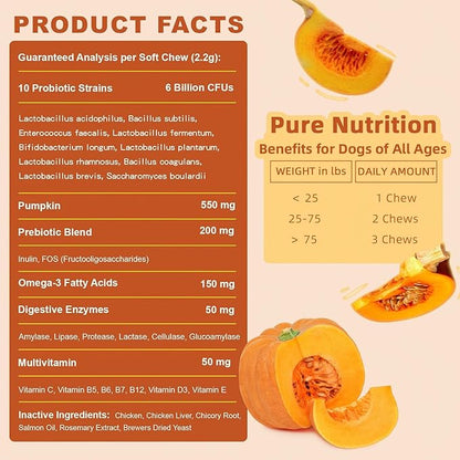 ZEBORA Probiotics for Dogs - Dog Probiotics, Pumpkin for Digestive & Gut Health, Digestive Enzymes & Prebiotic for Occasional Diarrhea, Support Immune, Skin & Allergies, 120 Soft Chews, Pumpkin Flavor