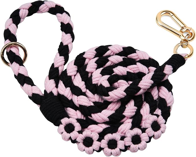 Handmade 5ft Braided Cotton Dog Leash with Unique Floral Handle, Durable and Stylish, Ideal for Small to Large Dogs, Black & Pink Color