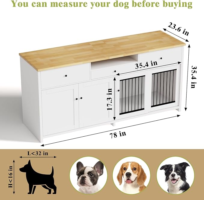 78" Double Door Dog Crate Furniture TV Stand, Heavy Duty Wooden Dog Kennel with 3 Drawers & 2 Cabinets, Extra Large Indoor Dog Cage for Medium/Large Dogs, White
