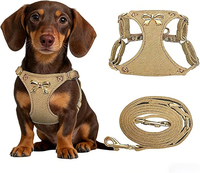 No Pull Dog Harness and Leash Set for Small Sized Dog Training; Puppy Harnesses with Multifunction Dog Leash, Soft Adjustable Denim No Choke Escape Proof Pet Harness for Small and Medium Dog (Brown S)