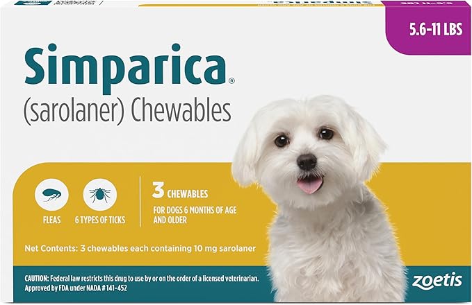 Simparica (sarolaner) Chewables for Dogs, 10 mg/tab, 5.6-11 lbs (Purple), 3 Tablets
