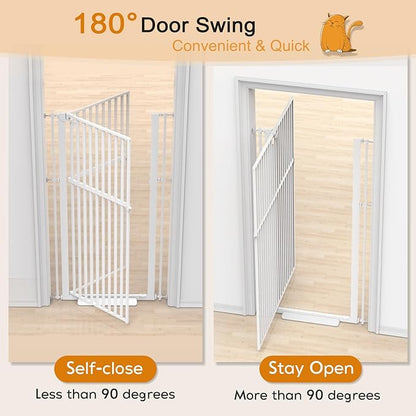Senneny 63" Extra Tall Cat Gate Auto Close & One-Hand Open, Includes Extension Kit, No Drilling Pressure Mounted & Wall Mounted Kits, Metal Pet Gate Fits Openings 37.4" to 41.3" Wide, White