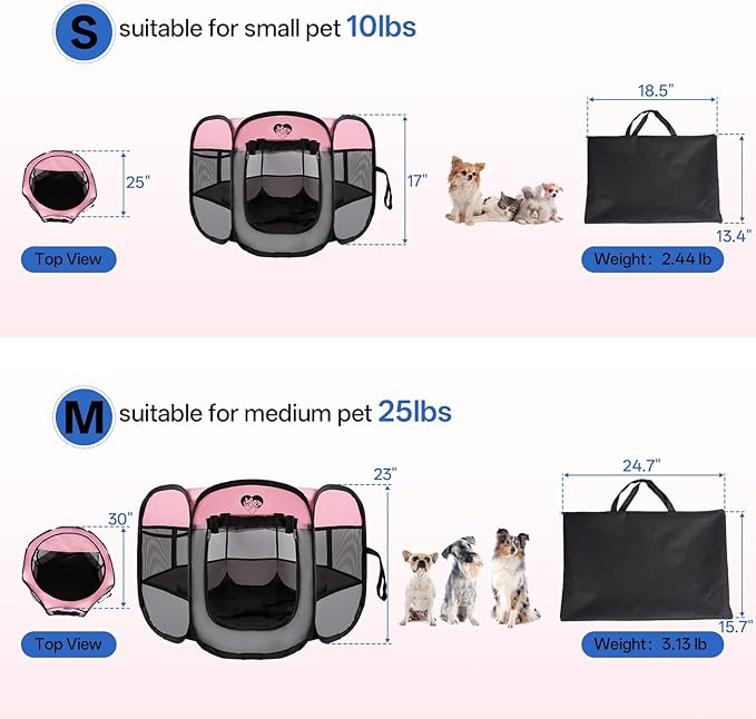 Dog Cat Playpen,Portable Foldable Tent-Outdoor Pet Crate Cage for Small Dogs,Travel Camping Use for Small Animals with Carrying Case,Indoor Enclosure for Puppy/Cats/Rabbits(Pink, S)