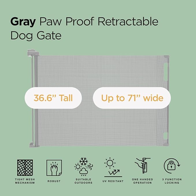 Hakuna Pets Indoor/Outdoor Paw Proof Retractable Dog Gate, 36.6" Tall Extends to 71" Wide, Gray