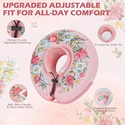 IEUUMLER Inflatable Recovery Dog Cone Collar, Neck Donut Protective ECollar, Adjustable Soft Collar for Dog and Cat After Surgery Prevent from Biting & Licking EU020 Floral Wreath M+