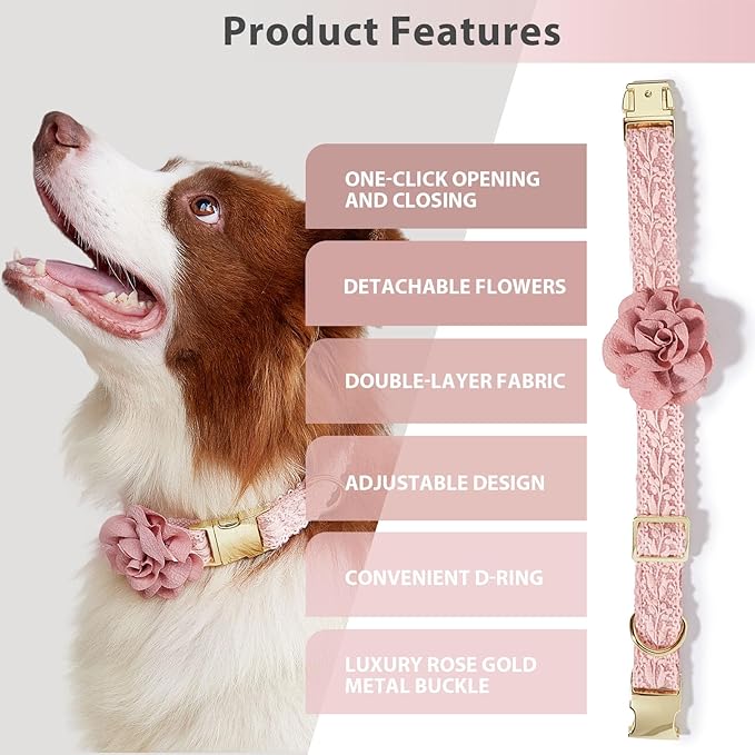 Pink Lace Dog Collar and Leash Set for Small Dogs with Detachable Flower Bow, Gold Hardware, Elegant Pet Accessories for Female Dogs,S