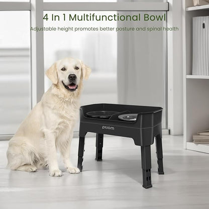 4-in-1 Elevated Slow Feeder Dog Bowls, 4 Height Adjustable Mess Proof Raised Dog Bowl Stand with No Spill Water Bowl, Stainless Steel Doggy Food Dish & Slow Feeder for Large Medium Small Pets