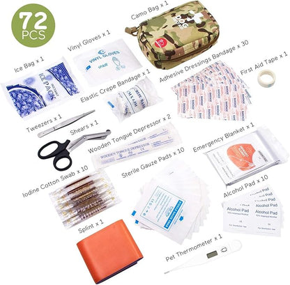 Portable Dog First Aid Kit 72 PCS Medical Supplies with Thermometer Emergency Blanket Splint Pet Emergency Bag for Camping Walking Cycling Car Hiking