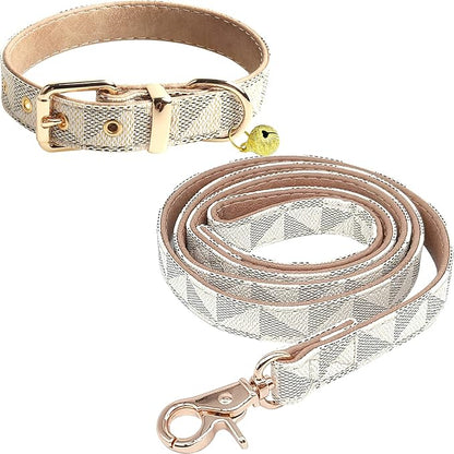 Dog Leather Collar and 4 ft Leash, KUDES Adjustable Basic Collar with Bell Checkered Pattern Durable Leather Collar and Leash with Metal Buckle for Small Medium Large Dogs