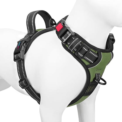 PHOEPET No Pull Dog Harness with Handle Front & Back Clip, Easy on Lockable Snap Buckle at Neck, Adjustable Reflective Vest with Handle for Small Medium Large Dogs (M, Misty Green)