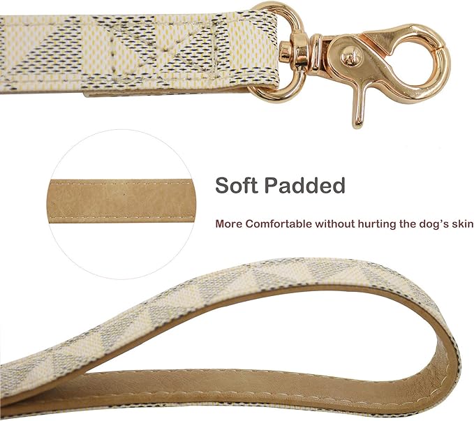 Leather Dog Collar and Leash Set, Check Pattern Dog Collar Leashes Metal Buckle Adjustable Durable for Small Medium Large Dogs (White, S(11.4-13.4IN))