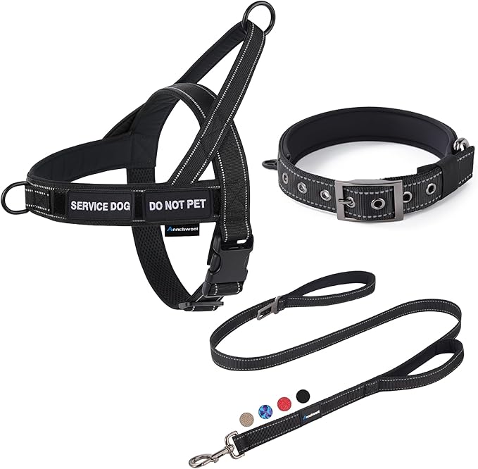 Annchwool No Pull Dog Harness,Heavy Duty Reflective Collar & Leash Set-Leash with Double Handle & Car Seatbelt Clip-Easy Control for Walking Training Medium Large Size Dogs(Black,XL)