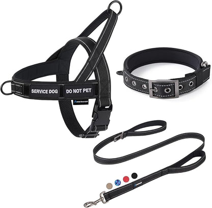 Annchwool No Pull Dog Harness,Heavy Duty Reflective Collar & Leash Set-Leash with Double Handle & Car Seatbelt Clip-Easy Control for Walking Training Medium Large Size Dogs(Black,XL)