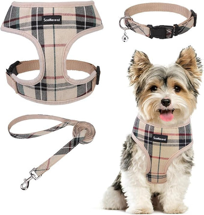 SCENEREAL No Pull Dog Harness Collar and Leash Set for Small Sized Dogs, Soft Mesh Plaid Puppy Harnesses, Pet Vest for Outdoor Walking Training and Running, Beige XS
