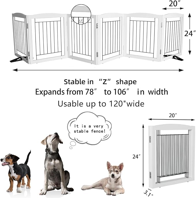 ZJSF Freestanding Dog Fence Indoor, Foldable Dog Gate for Doorways, Stairs or Hallways, Sturdy Wood Extra Wide Pet Gate with Support Feet for The House, White, 24 "Height-6 Panels
