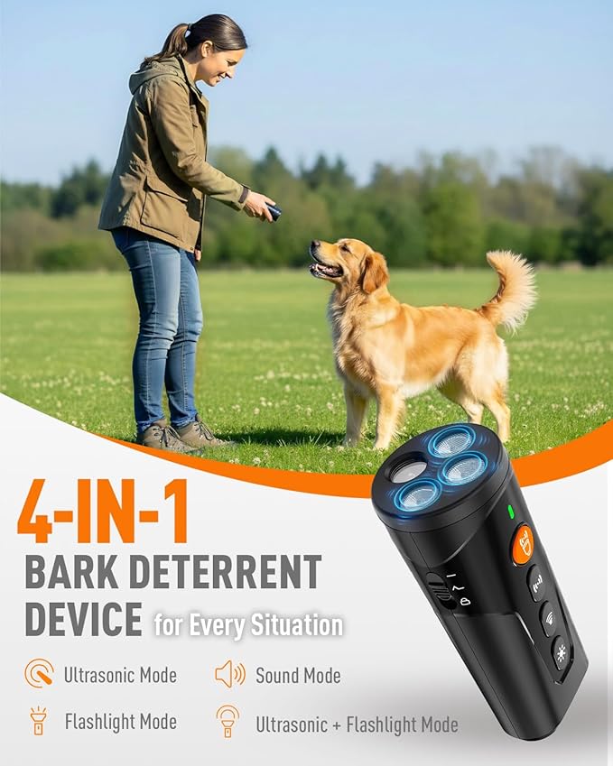 Dog Bark Deterrent Devices, 3X Ultrasonic Anti Barking Device for Dogs, 4 Modes with 3 Emitters and LED Light to Stop Neighbors Dog from Barking, Safe Use Dog Barking Silencer for Indoor Outdoor
