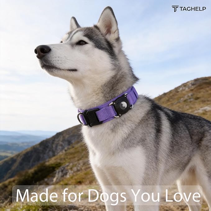 Tactical AirTag 2nd Gen (2026) & 1st Gen Dog Collar, 100% Waterproof Integrated Apple Air Tag Dog Collars with Hard PC AirTag Holder, Adjustable Military Collar with Handle, for Large Dogs(Purple,XL)