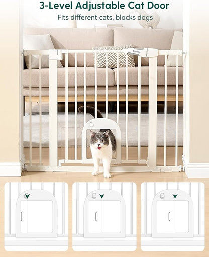 Babelio Baby Gate with Cat Door, CatPrivilege Ⅲ, Extra Wide 29-55" Cat Gate, 30" Tall Pressure Mounted Safety Gate for Large Openings, Stairs & Doorways, Auto Close, White