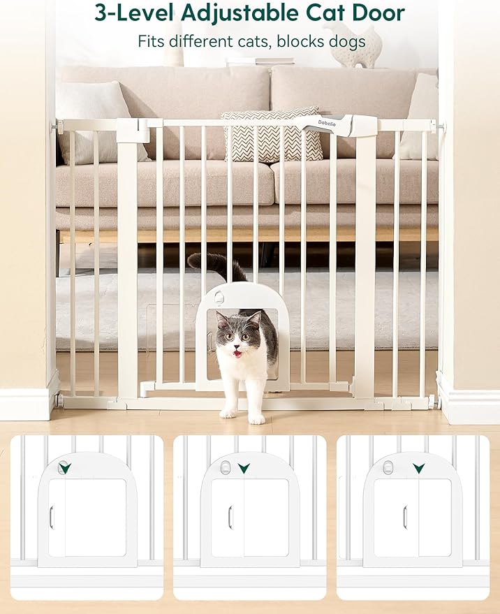 Babelio Baby Gate with Adjustable Cat Door,29-43" Auto Close Durable Pet door for Stairs,Doorways and House,Pressure Mounted,Easy Install,Effortless Walk Thru,White