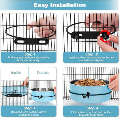 Dog Crate Bowls Hanging No Spill, 2 Pack Dog Crate Water Bowl, Kennel Food Bowls Mountable for Crates, Large Stainless Steel Pet Cage Accessories Feeder Coop Cup Dish for Puppy Bunny Guinea Pig Ferret