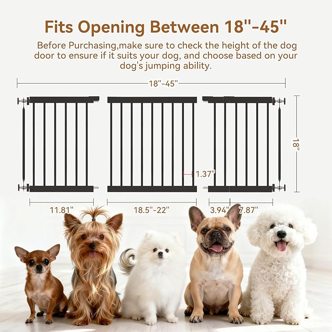 Dog Gate Indoor,18"-45" Adjustable Extra Wide Metal Short Dog Gate to Step Over, 18" Tall Small Pet Gate with 3 Extension Kits, Pressure Mounted Gate for Doorways & Stairs Black